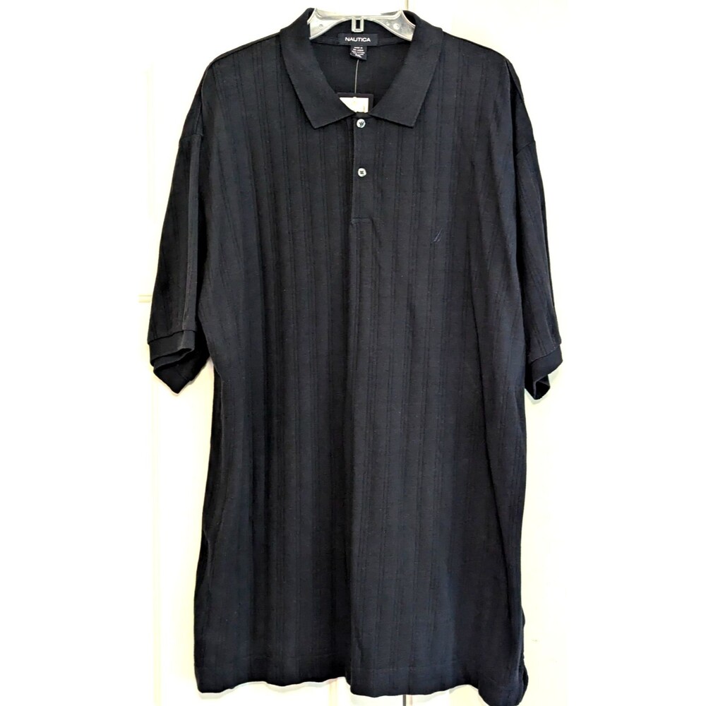 NWT VTG Nautica Men's XXL Polo Shirt Double Navy Blue Linen Cotton Ribbed 90s
